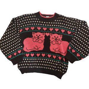 Vintage 90s Jane Adams Women's Size Small Knit Cat w/ Hearts Sweater Black Pink